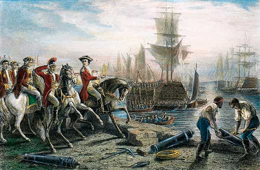 British soliders on horseback gather at the waterfront. Ships are in the harbor and two colonists are moving a part of a cannon.