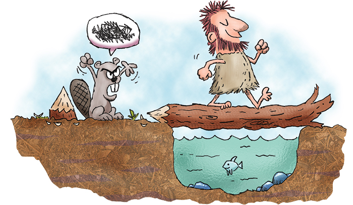 Cartoon of an angry beaver swearing at a man walking across a log bridge over water.