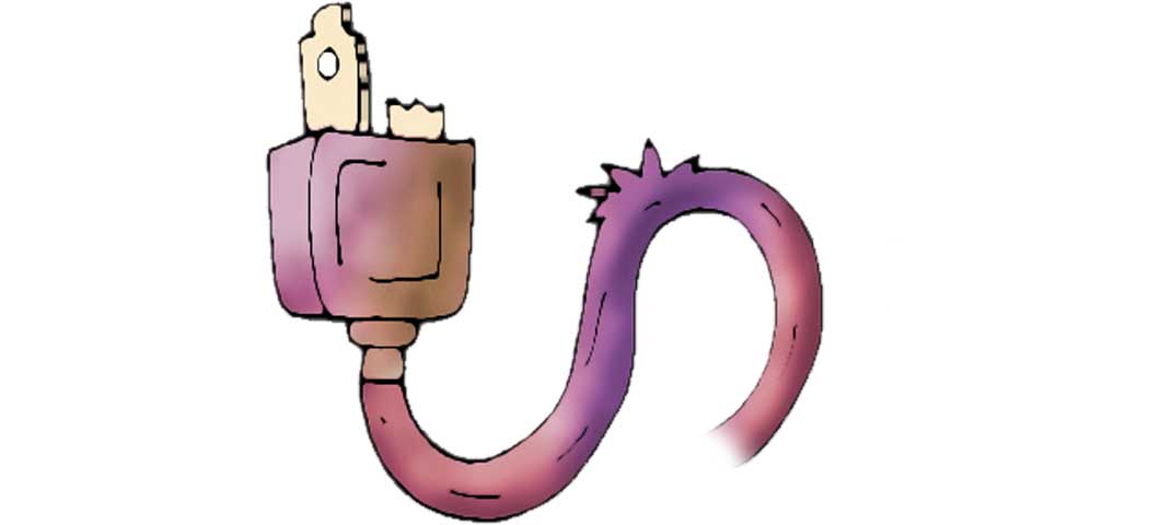 Cartoon of a frayed electrical cord with broken prongs at the end.