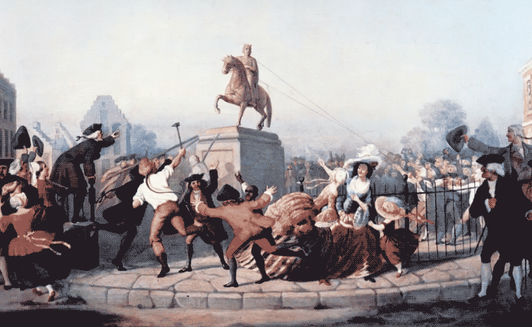 Animation of colonists using ropes to tear down a statue of King George the third on horseback.