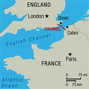 Map of the route the Chunnel takes between the two countries