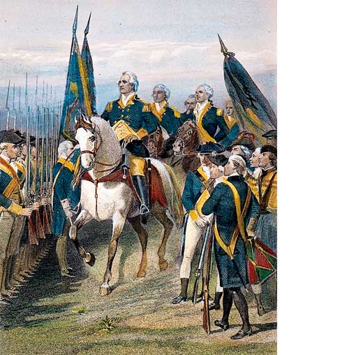 George Washington on horseback rides past soldiers.