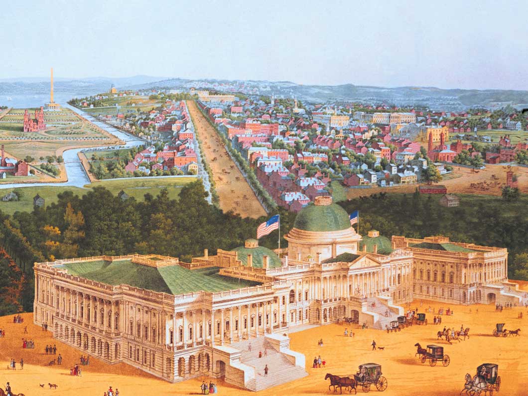 Artist's view of Federal building from the 1800s with horses pulling carriages and people walking around the building.