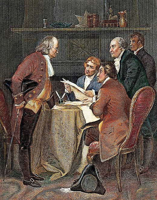 Ben Franklin and other members of the Continental Congress meet. 