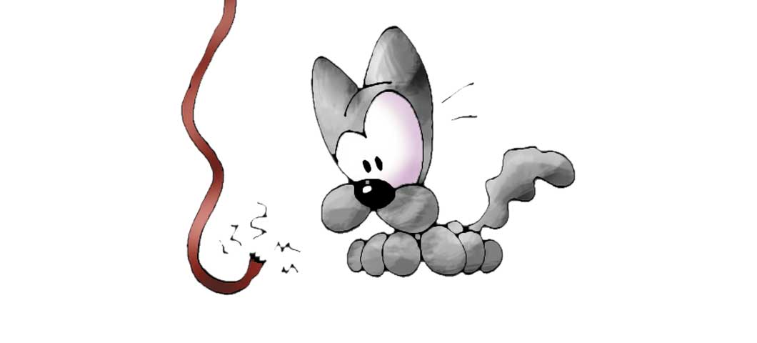 Cartoon of a downed electrical wire and dog looking at it.