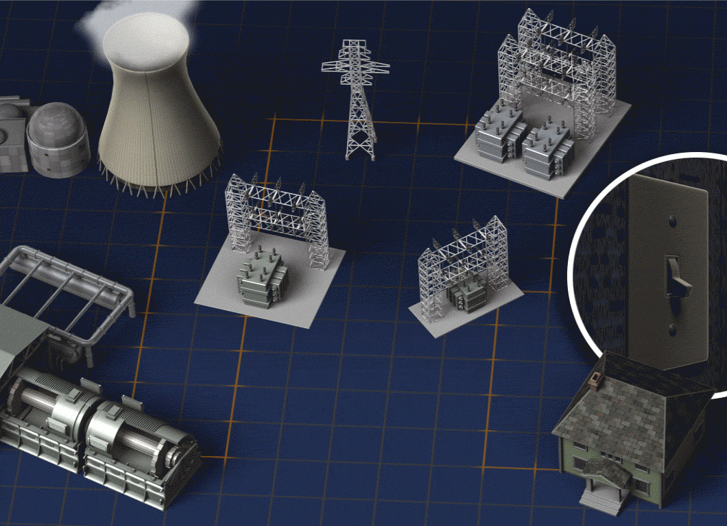 Hotspot animation showing how electricity gets from the power plant to a house.