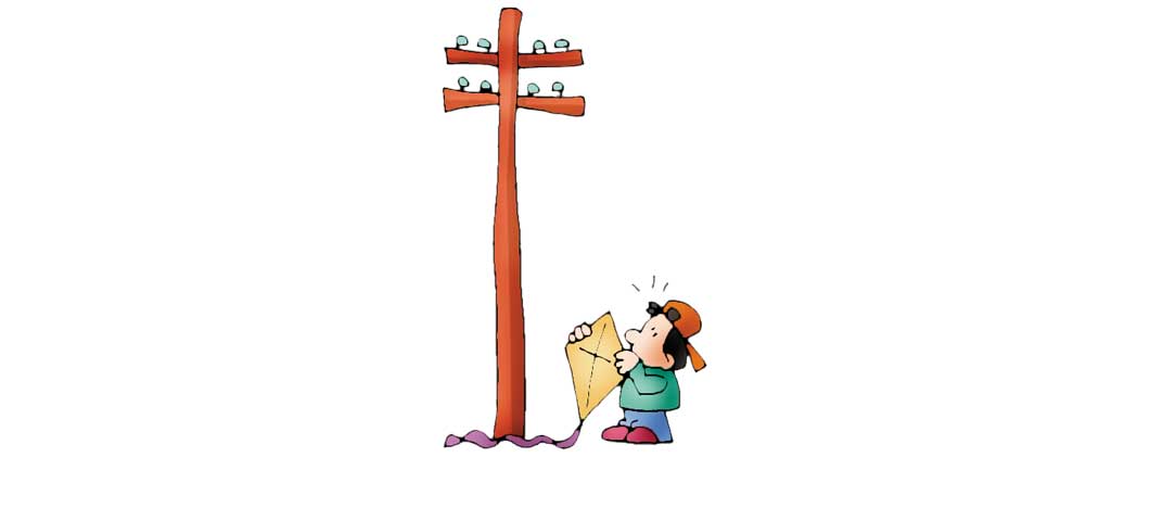 Cartoon of a little boy with a kite standing next to a telephone pole.
