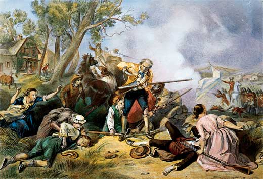 A man reloads his rifle as other colonists prepare to attack the oncoming British soliders. A woman kneels by a colonist lying on the ground.