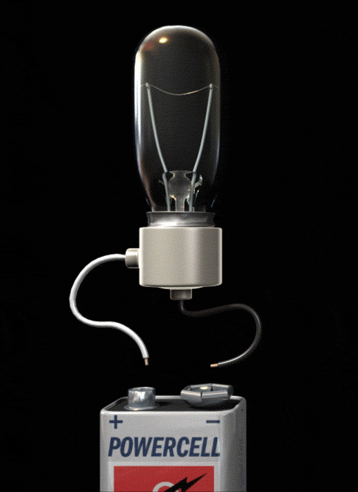 Animation of a lightbulb attached by two wires to a battery and the current of electricity flowing from the battery to the lightbulb and back.