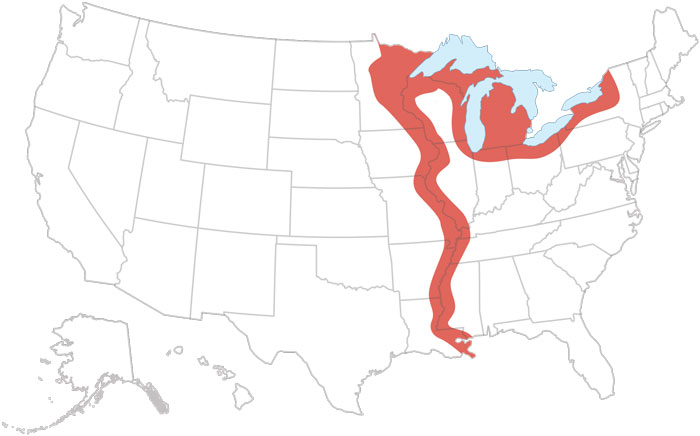 Map of the United States showing the locations of the Mississippi River.