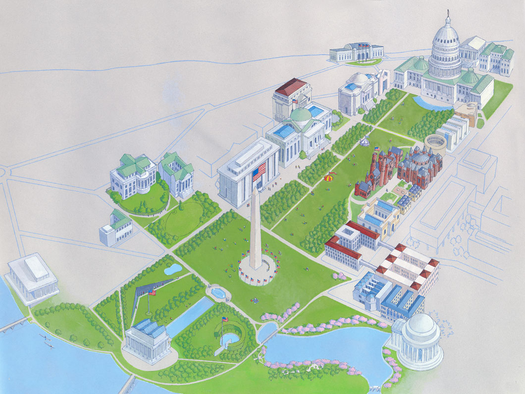 An artist's view of the Washington Mall shown from the air. The Capitol, the Smithsonian Museums, and monuments can be seen.