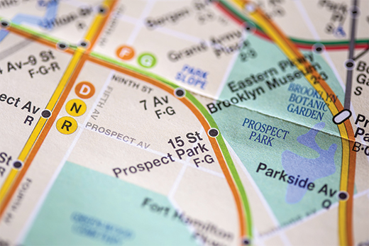 Part of a map of a subway system showing the streets under which the subway passes.
