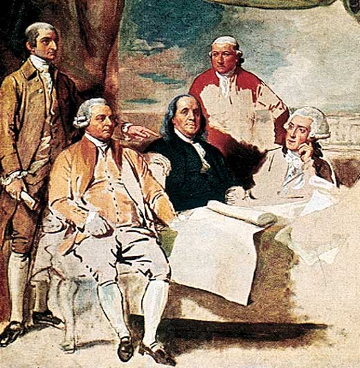Ben Franklin , George Washington and others sitting at a table.
