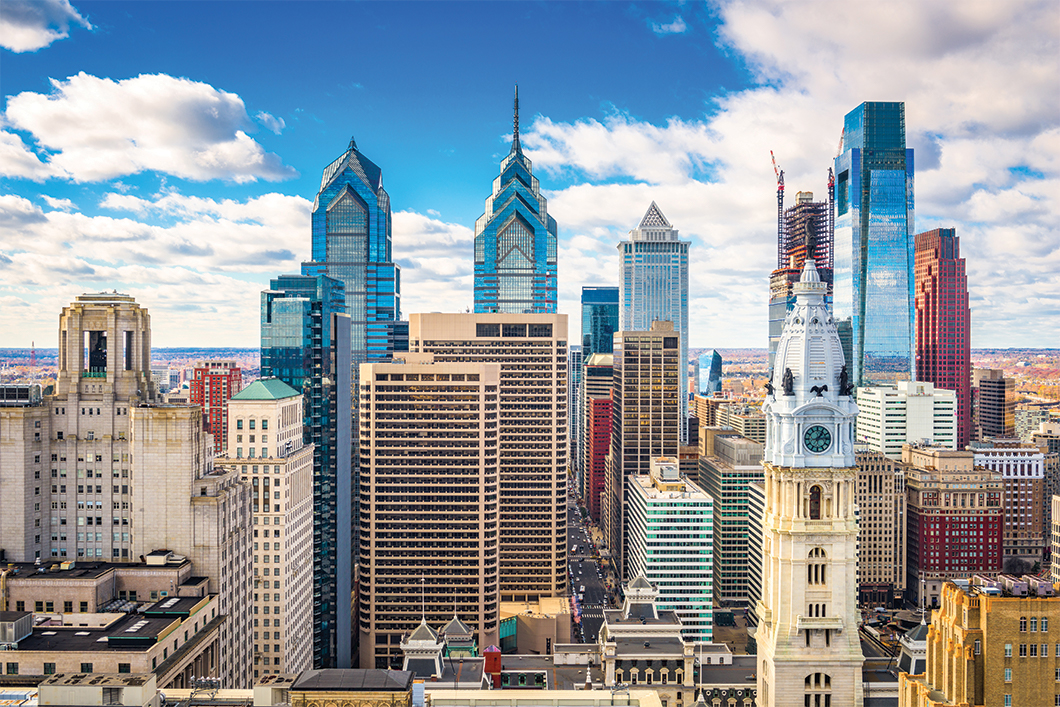 View of a large city with many tall buildings. 