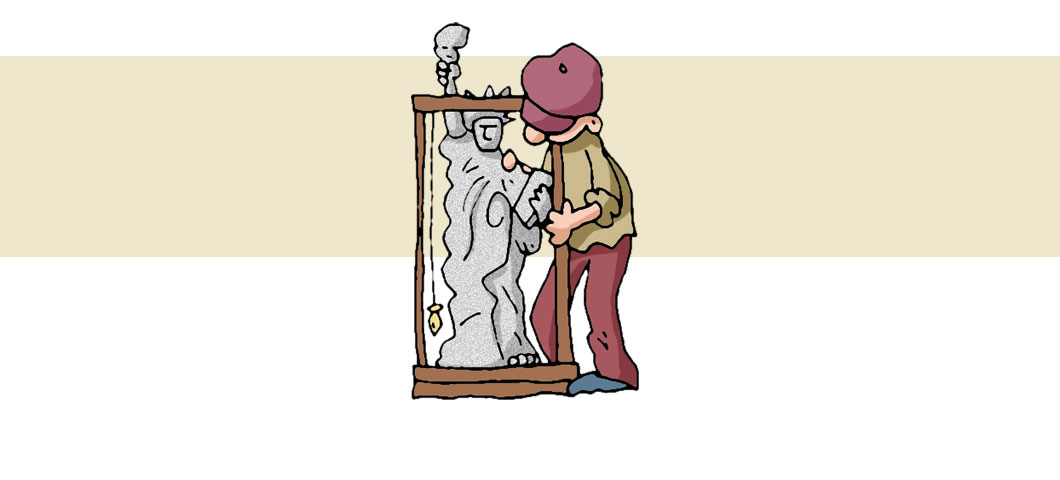 Cartoon of a workman holding a wooden frame with a model of the Statue of Liberty inside it.