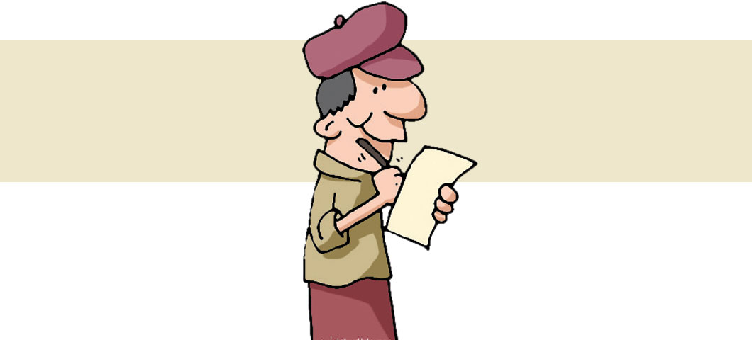 Cartoon of a workman in a cap writing on a piece of paper.