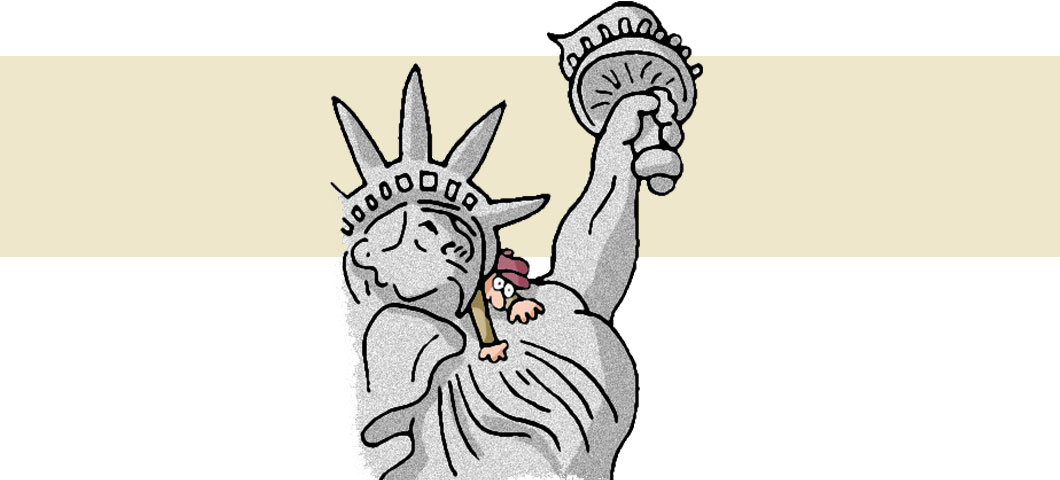 Cartoon of a workman clinging to the Statue of Liberty's shoulder.