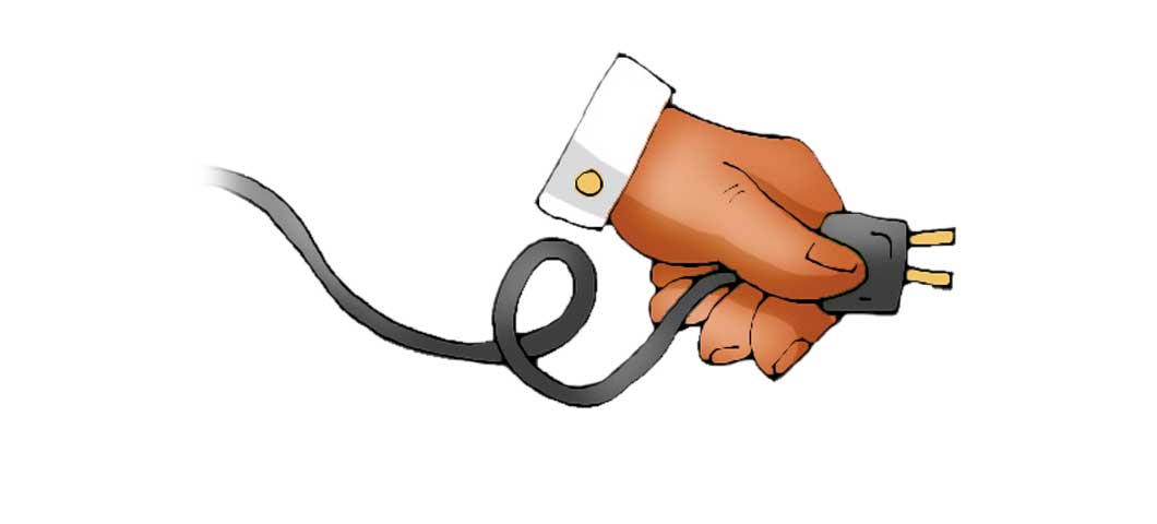 Cartoon of a hand holding an electrical cord by the plug.