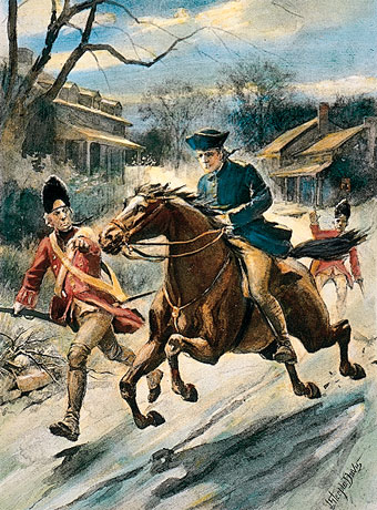 Man on horseback riding quickly through the street as a British soldier gets near his horse.