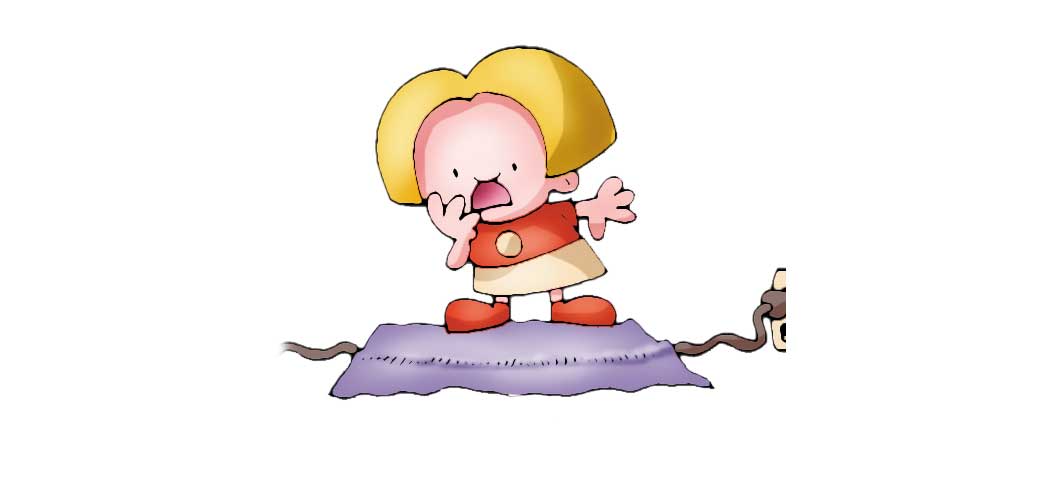 Cartoon of a little girl looking worried when she sees an electrical cord under a rug.