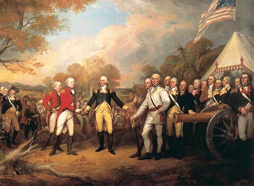 British soldiers and colonists meeting to have the British surrender. 