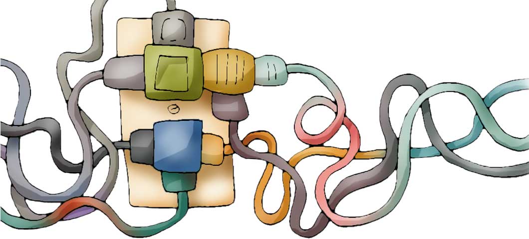 Cartoon of an outlet with far too many cords plugged into it.