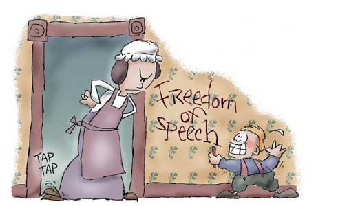 Cartoon of a little boy writing "Freedom of Speech" on the wall as his angry mother looks at him and tapping her foot.