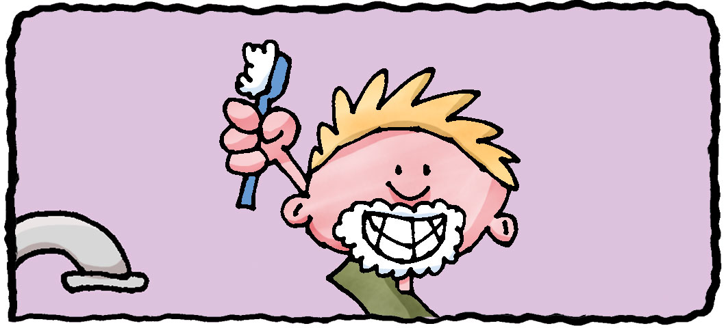 Boy with a mouthfull of toothpaste holding up a toothbrush.