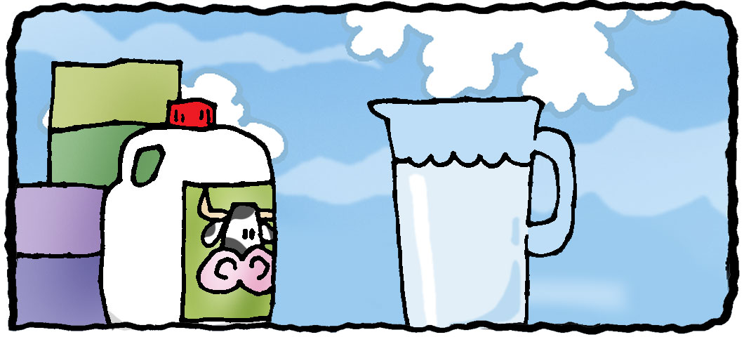 Pitcher of water next to a jug of milk.