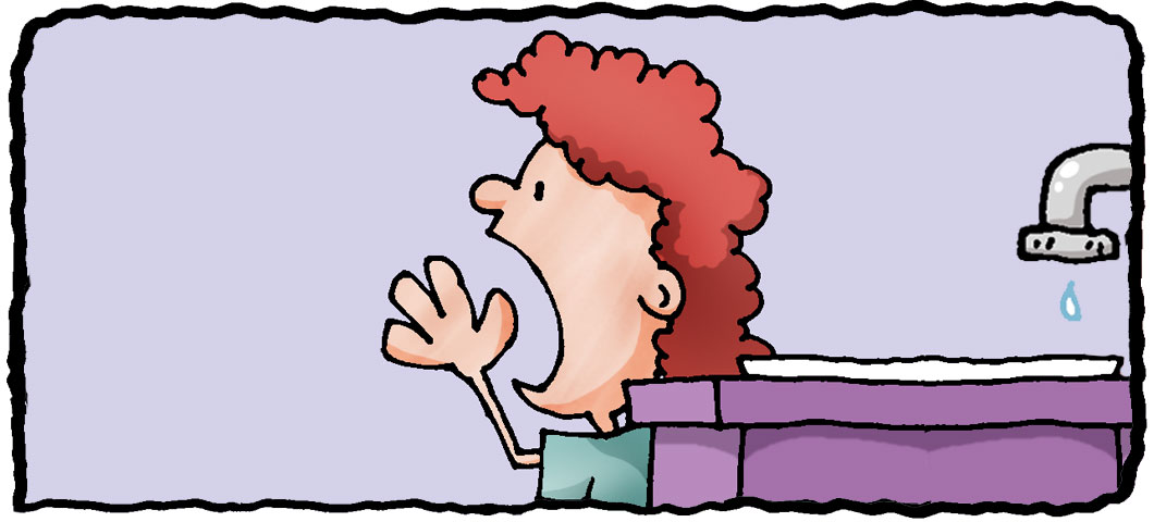 Child shouting while standing next to a leaky faucet. 