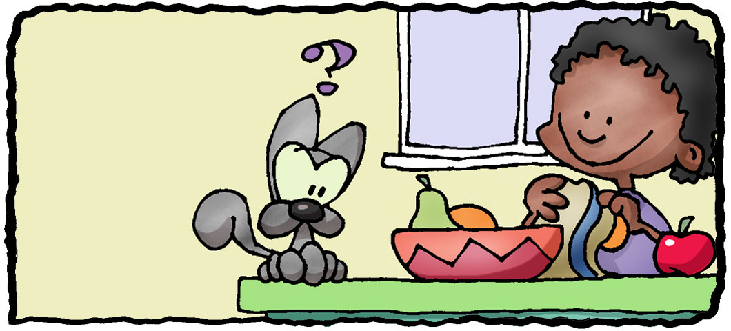 Child drying fruit while the dog looks on.