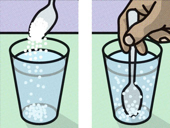 Person pouring a spoonful of salt into a glass of water and then stirring the water with a spoon.