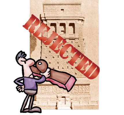 Cartoon of an angry person standing in front of a photograph of the Statue of Libery pedestal with a red stamp saying, "Rejected".