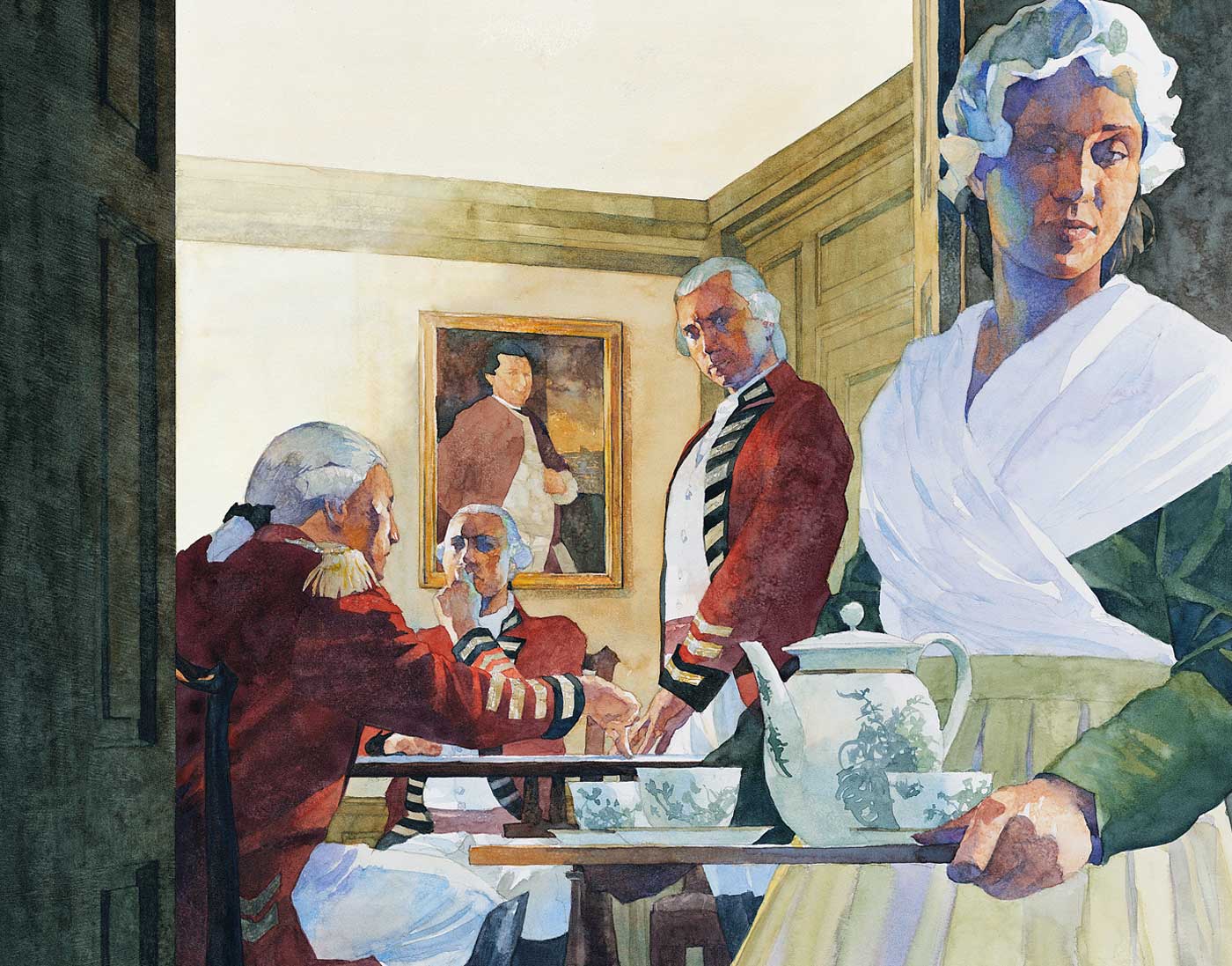 Woman carrying a teapot listens in on three British soliders sitting at a table.