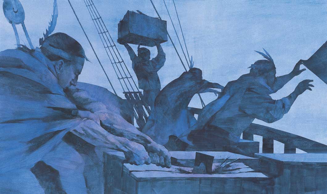 Artist's rendition of people disguised as Native Americans throwing cases of tea over the side of a ship.