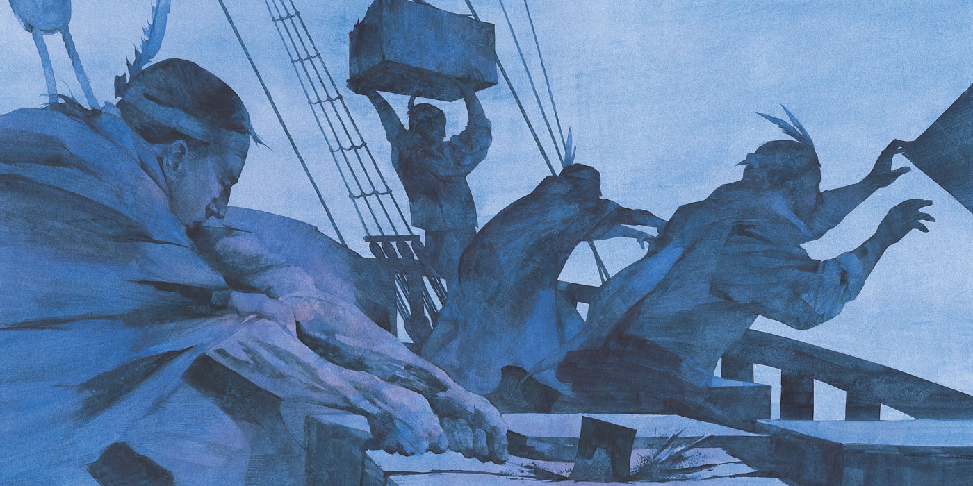 Colonists throwing cases of British tea overboard into Boston Harbor.