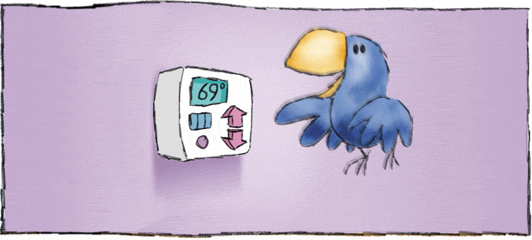 Animation of a bird turning down a thermostat from 68 degrees to 66 degrees.