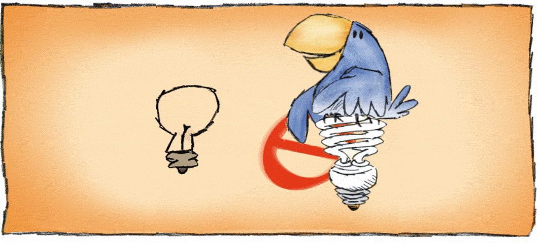 Animation of a bird perched on an LED lightbulb with an incandescent light bulb next to it with a circle around it and a line through it.