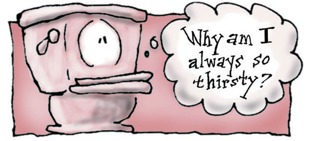 Cartoon of a toilet bowl asking, "Why am I always so thirsty?"