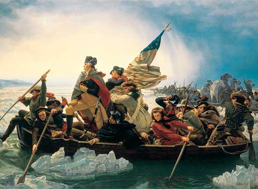 Washington and his troops in boat crossing a river. 