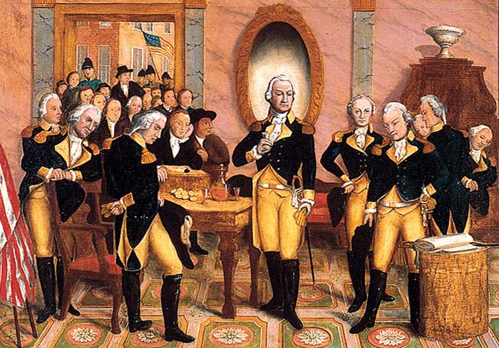 Painting of George Washington and several officers in a tavern.