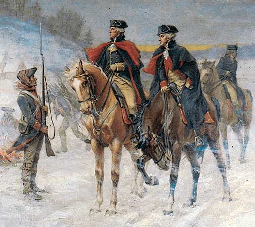 George Washington on horseback next to another soldier on horseback in the winter.
