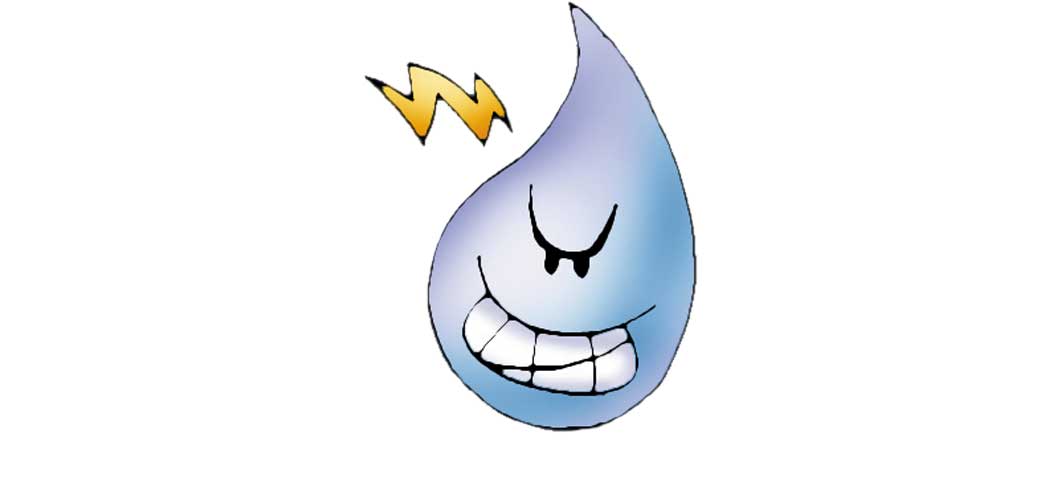 Cartoon of a drop of water with a mean face and a bolt of lightning next to it.