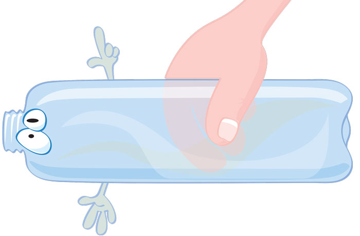 Cartoon of a plastic water bottle with a face and arms being held in a hand horizontally.
