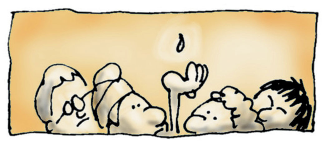 Cartoon of four people looking upward. One has raised a hand to catch a drop of water.